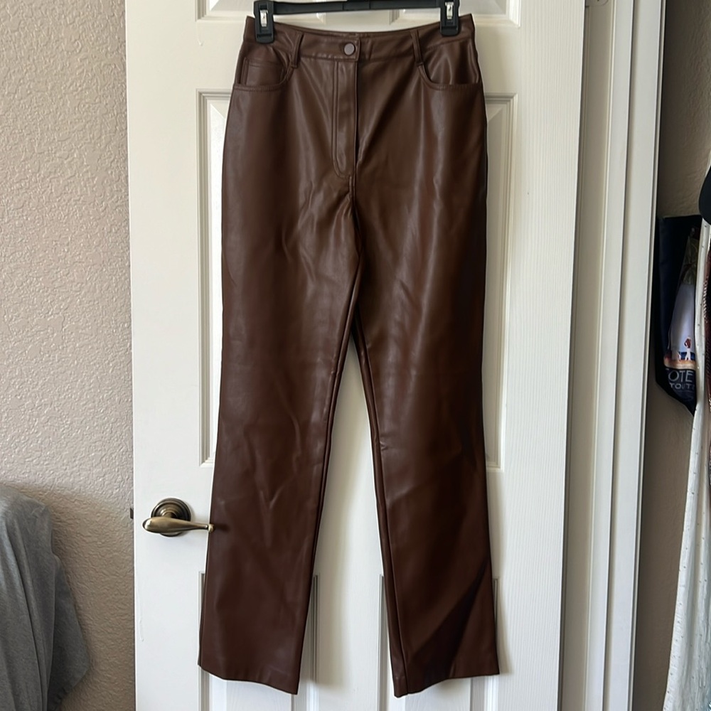 OAK+FORT Brown Vegan Leather Straight Leg Pants, Size 4